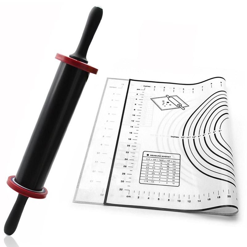 Adjustable Rolling Pin with Removable Rings and Silicone Pastry Mat Set