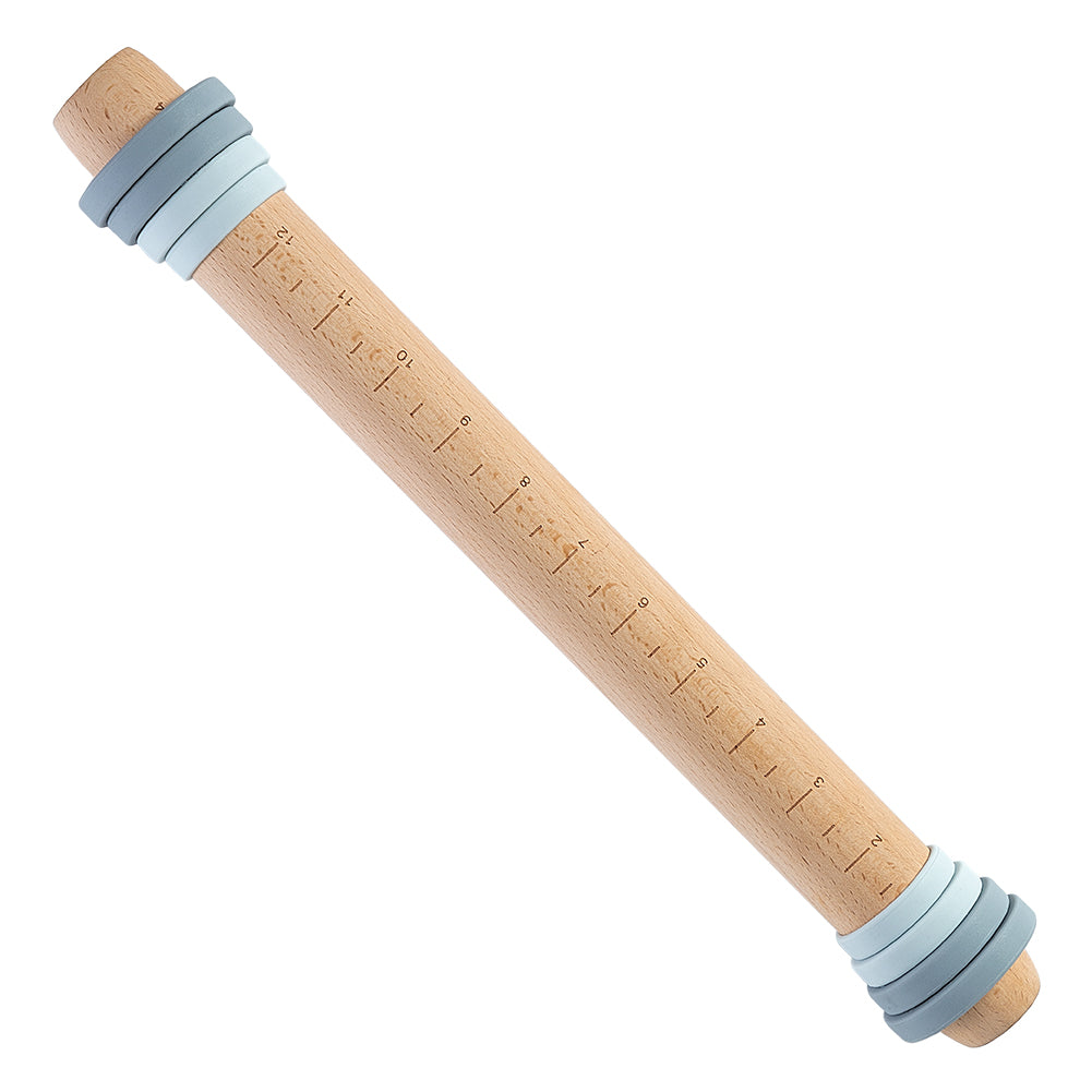Adjustable Wood Rolling Pin with Thickness Rings and Measurement Markers